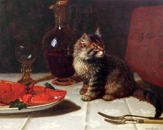 George Frederick Hughes (fl.1873-1879) Tabby kitten on a table top beside a claret jug and lobster 16 x 20in.